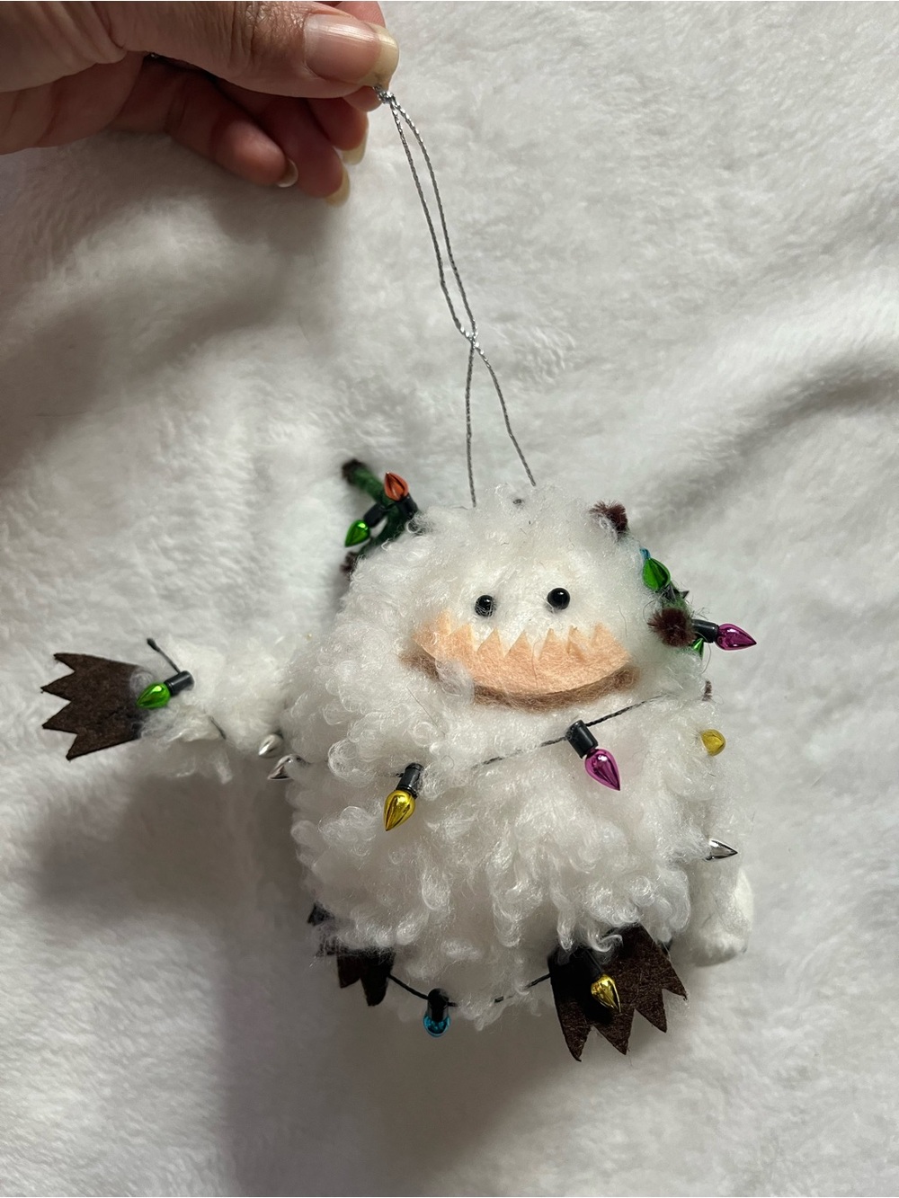 Yeti Ornament white yeti snow monster with Colorful String Lights ornament